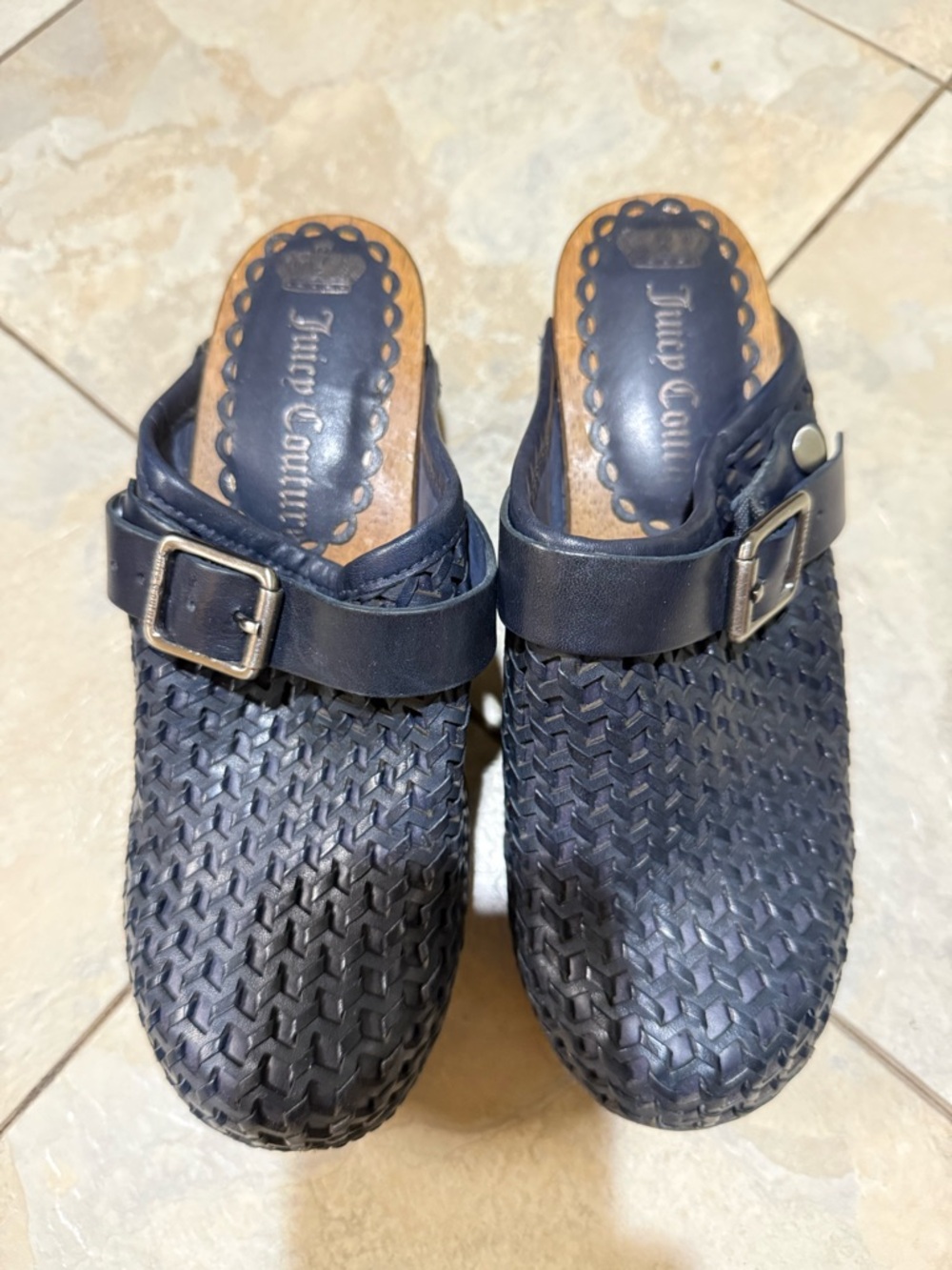 Juicy Couture Navy Woven Clog Mules with Buckle Detail